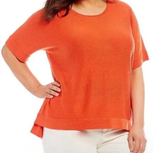 Eileen Fisher Short Sleeve SIlk Blend Sweater Bright Orange - Picture 1 of 6